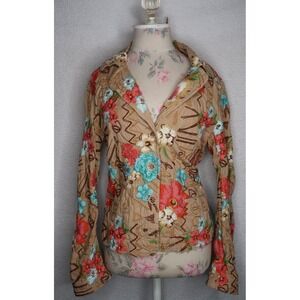 Johnny Was Embroidered Floral Jacket Womens L Boho Blazer Tan Button Front EUC